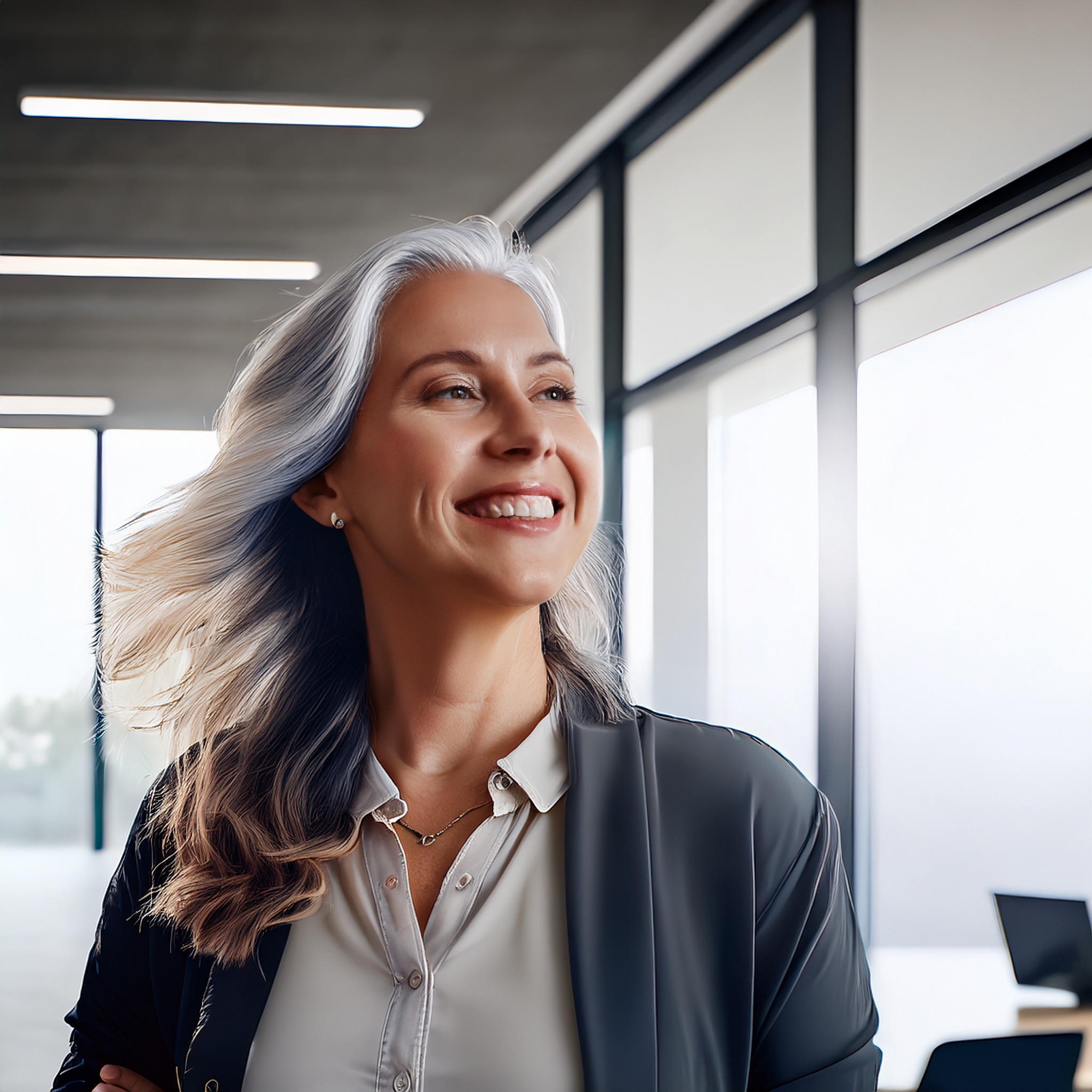 Lächelnde Frau im Büro, business casual Kleidung