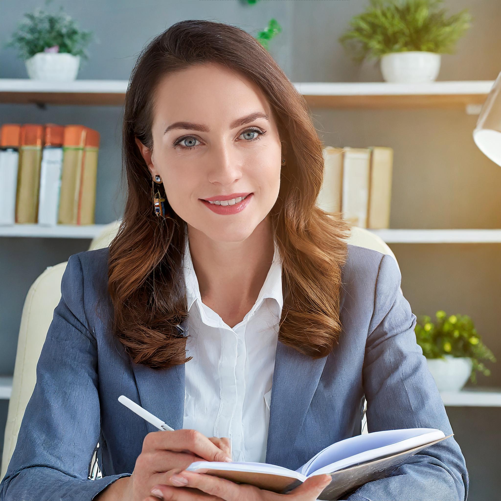 Professionell gekleidete Frau, konzentriert arbeitend am Schreibtisch